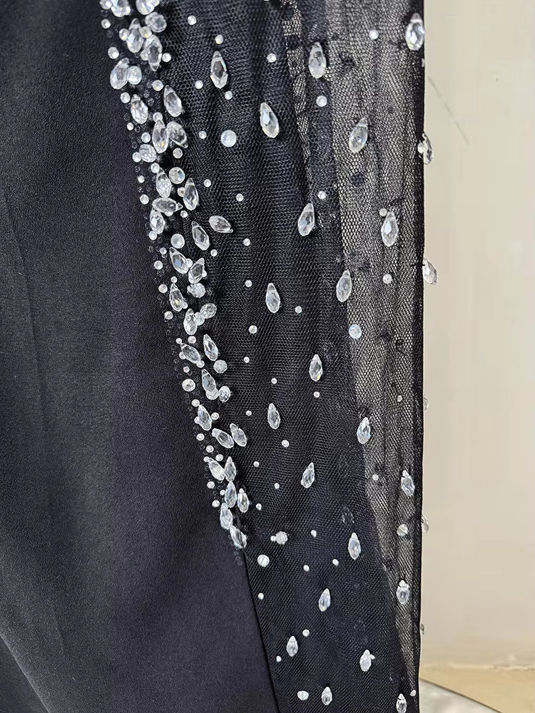 Diamond Beaded Off-Shoulder Patchwork Mesh Maxi Dress