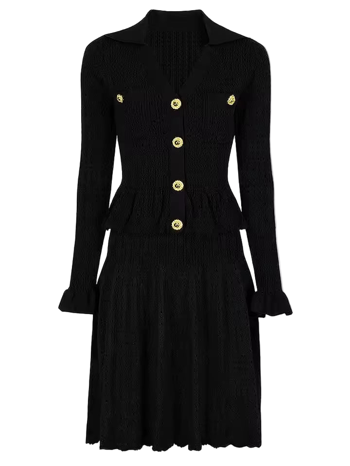 Ruffle Pleated V-Neck Knitted Long Sleeve Dress with Buttons