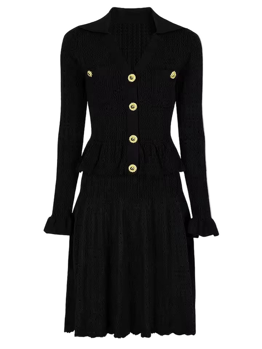 Ruffle Pleated V-Neck Knitted Long Sleeve Dress with Buttons