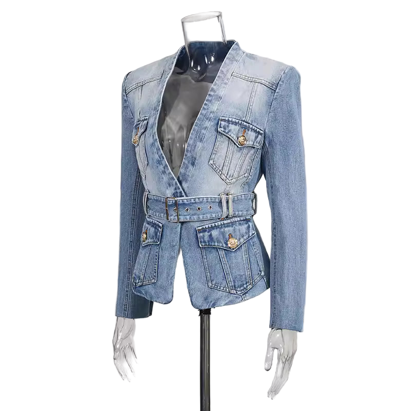 Slim Fit Belted Patchwork Denim V-Neck Coat with Pockets