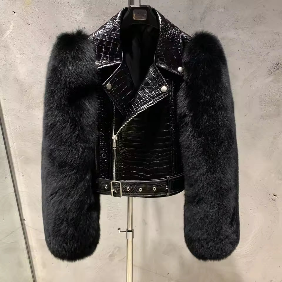 Leather Biker Jacket with Fox Fur Sleeves