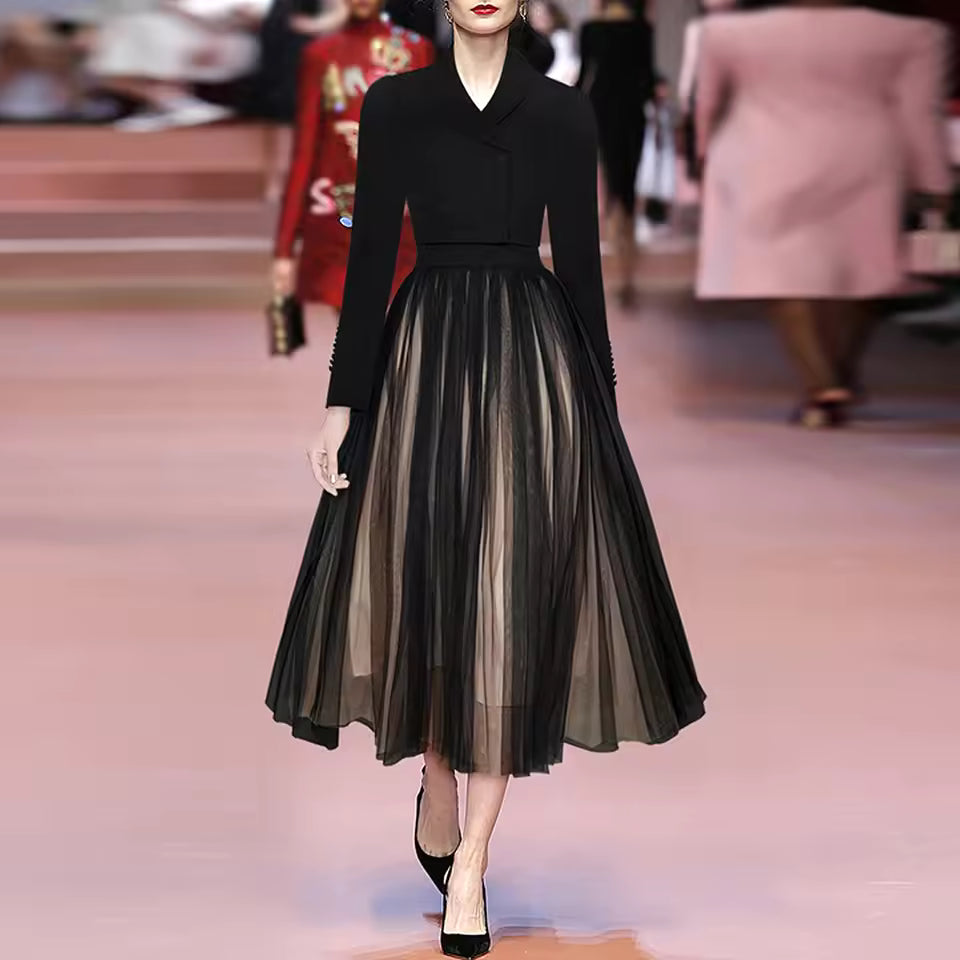 Polo Collar Knitted Mesh Dress Set