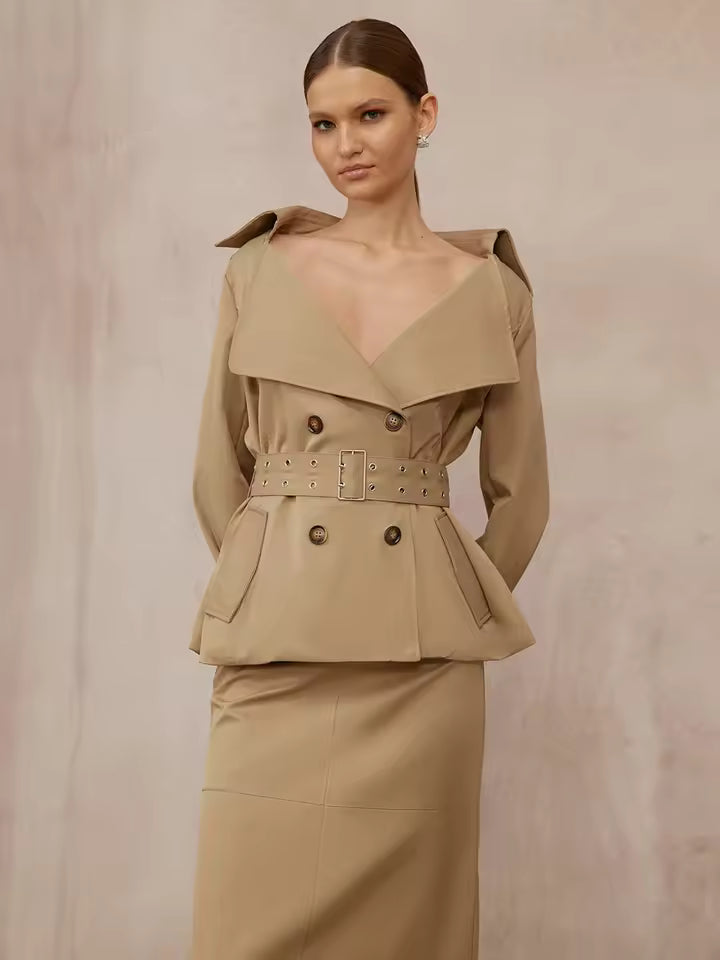 Slim Fit Split Belt Patchwork Button Trench Coat