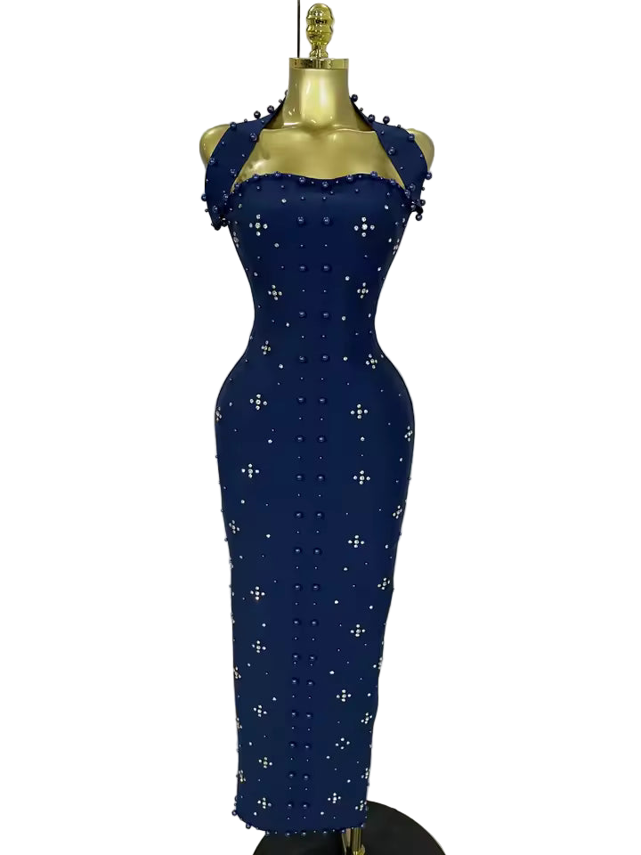 Sparkling Rhinestone Pearl Sleeveless Bodycon Bandage Long Dress