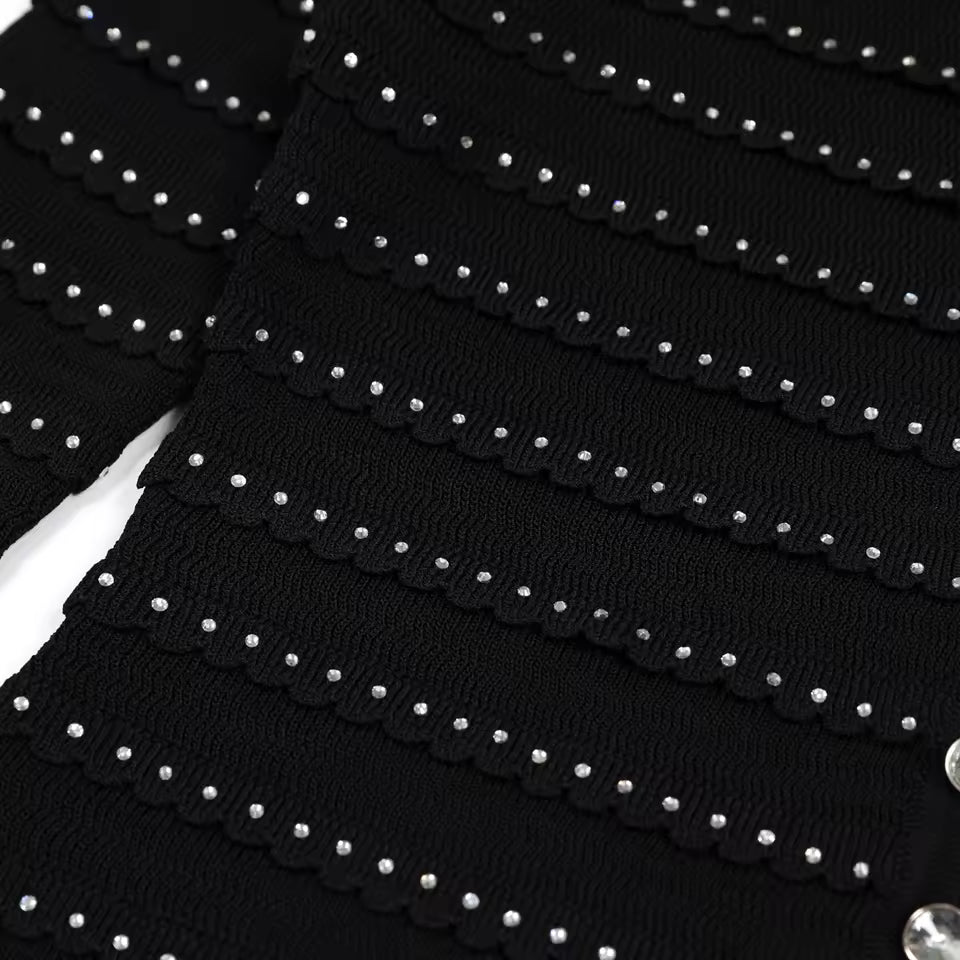 Knitted Lace Rhinestone Top Vest & Camisole with Ruffle Edge Slim Fit Half Skirt Set