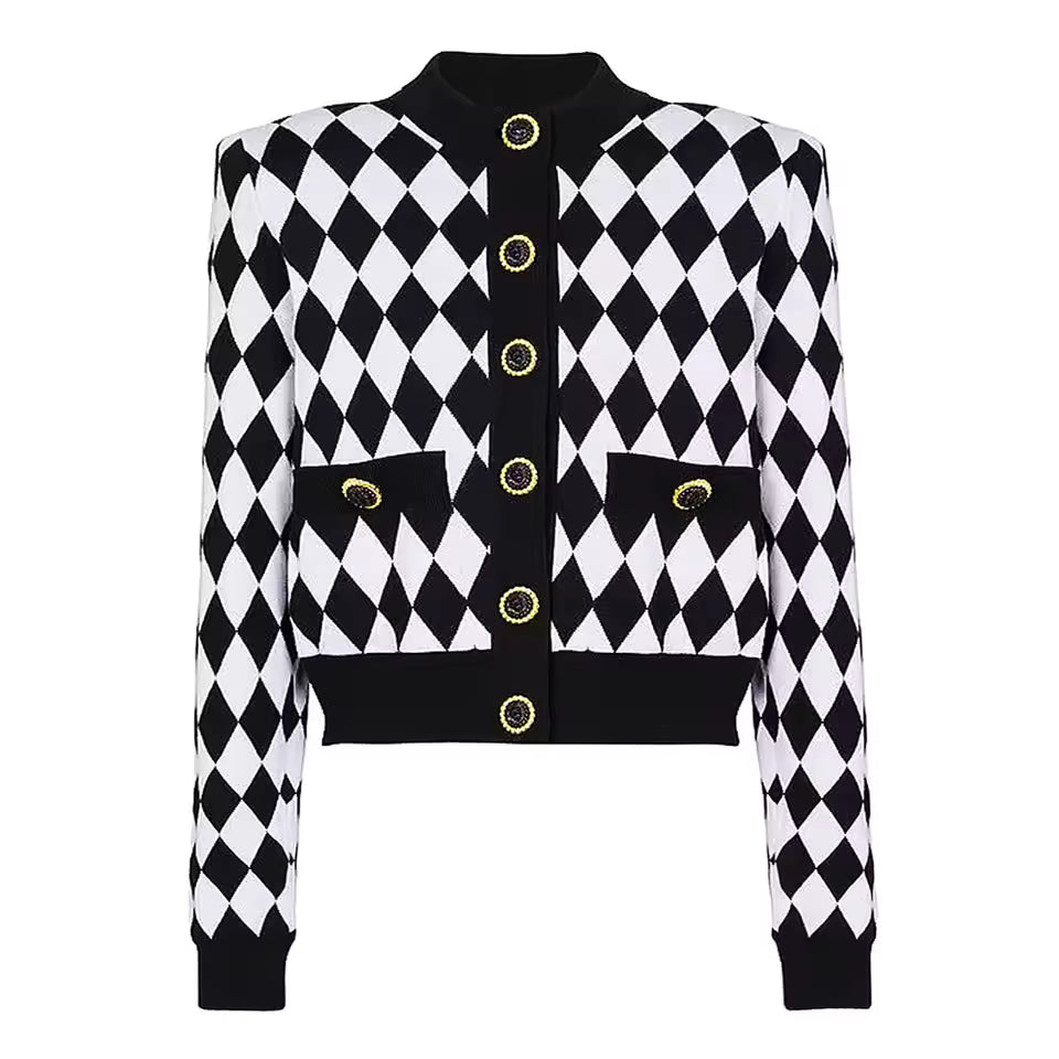 Checkered Button Front Round Neck Knitted Vest Top