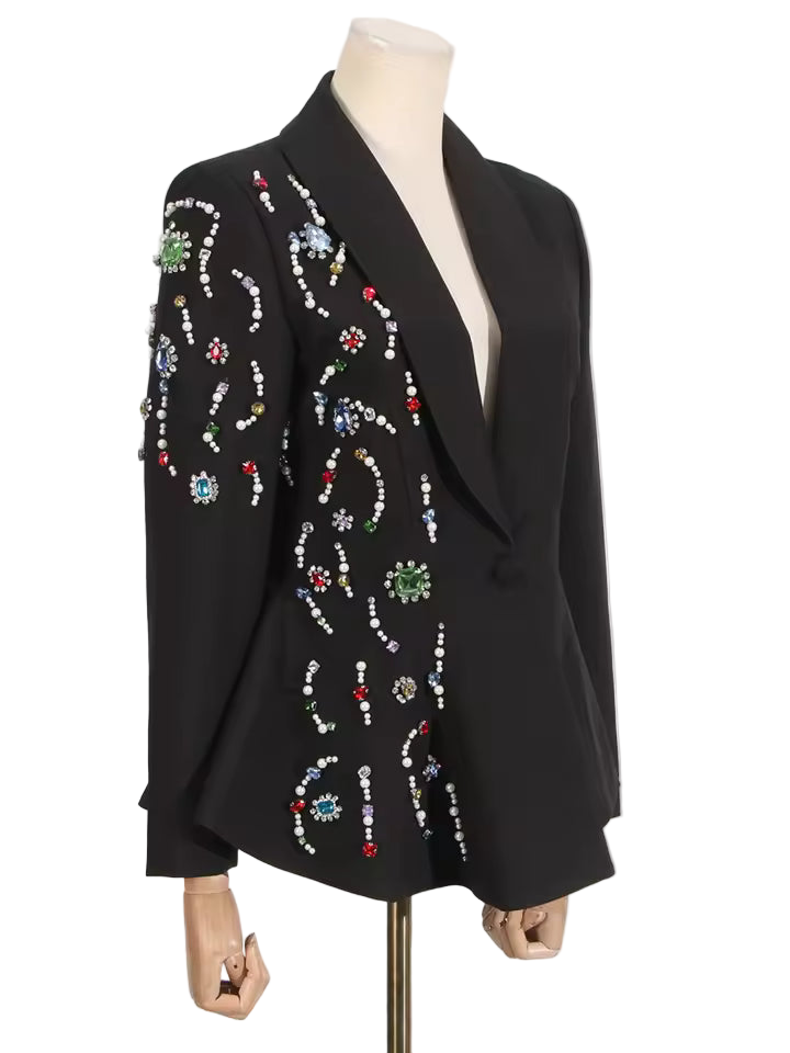 Slim Fit Split Beaded Patchwork Long Sleeve Blazer with Lapel and Buttons