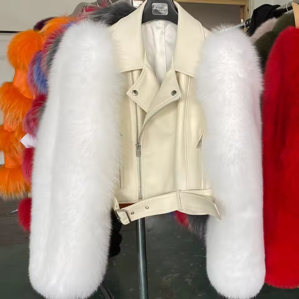 Leather Biker Jacket with Fox Fur Sleeves