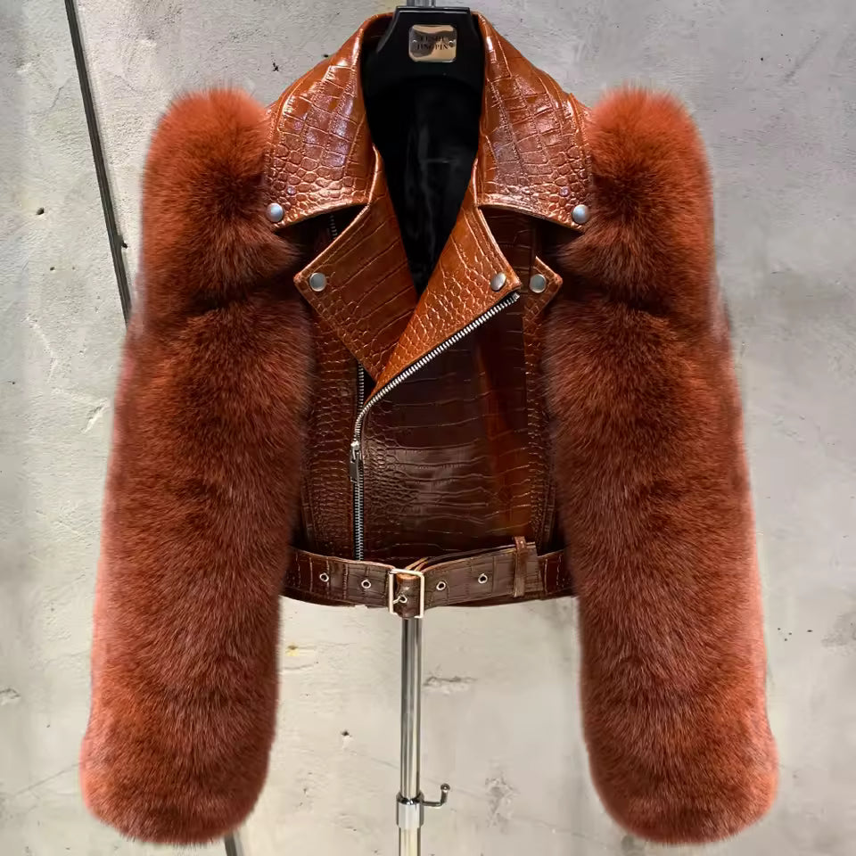 Leather Biker Jacket with Fox Fur Sleeves