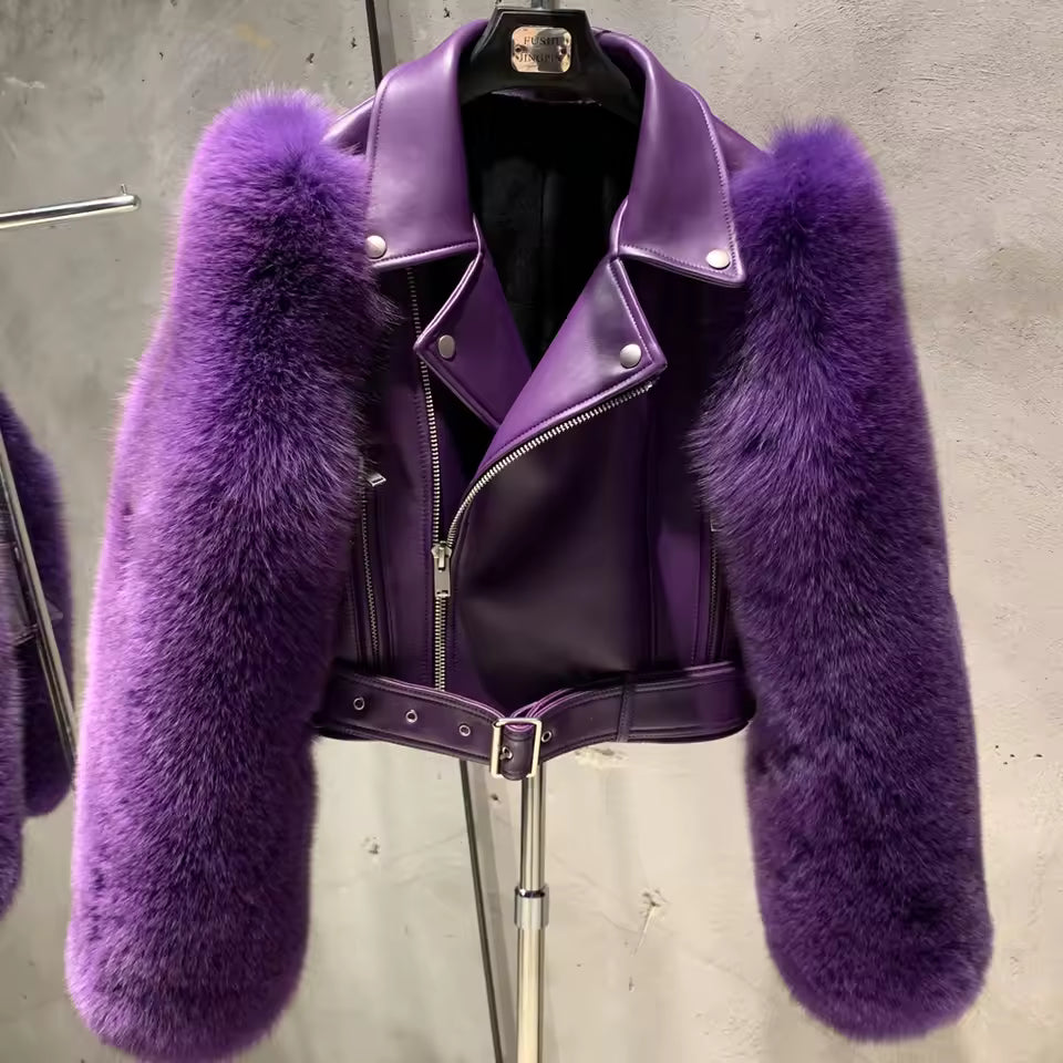 Leather Biker Jacket with Fox Fur Sleeves
