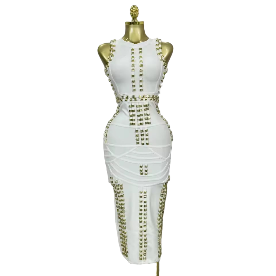 White Metal Buckle Sleeveless Bodycon Bandage Dress