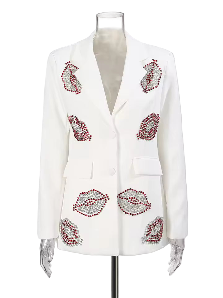 Loose Fit Beaded Patchwork Single-Breasted Blazer with Lapel and Long Sleeves