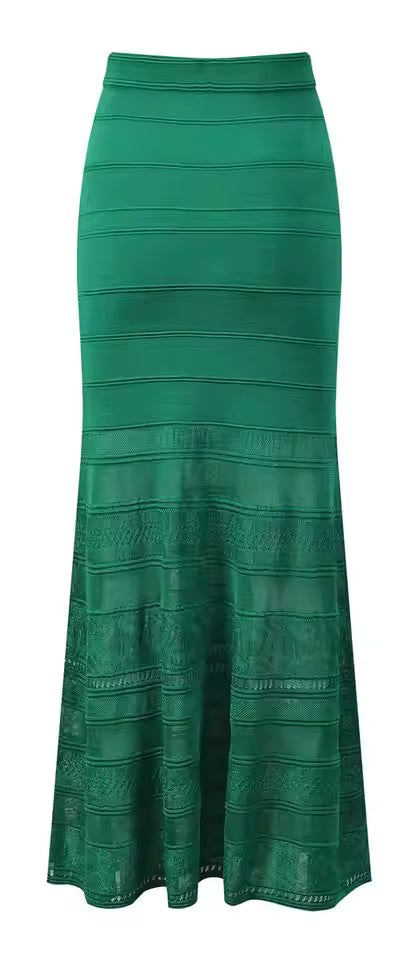 Elegant Knit Hollow Out Ruffle Top and Long Skirt Set