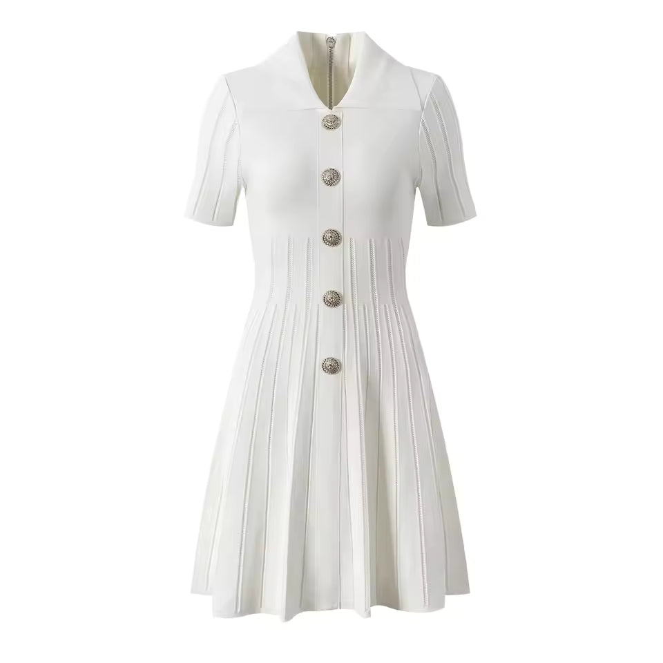 Vintage Knit Turn-Down Collar Single-Breasted Mini Dress
