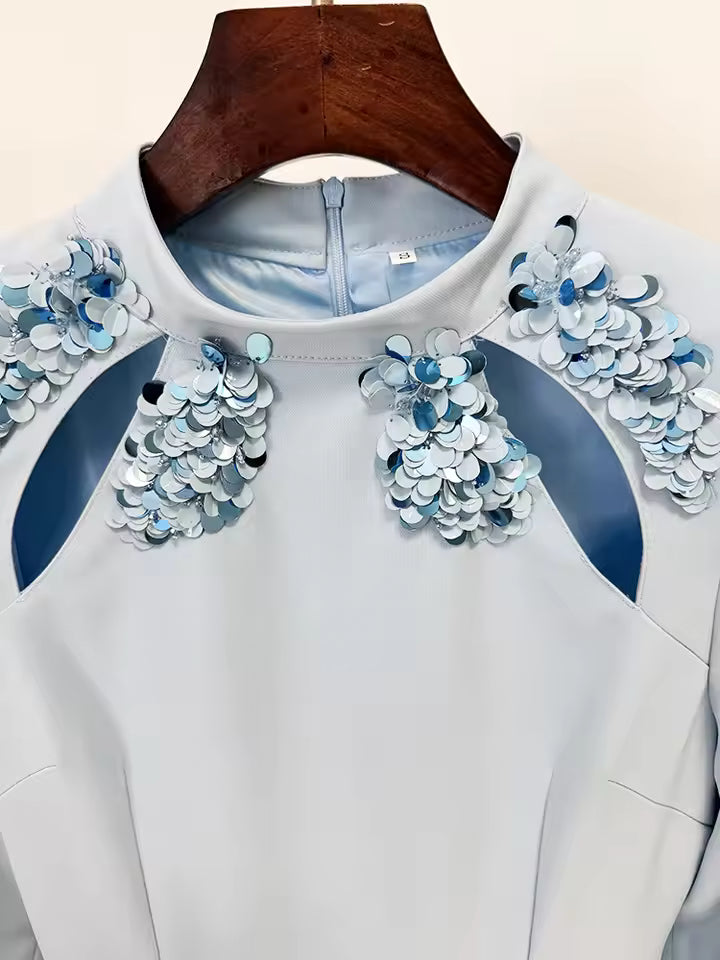 Stand Collar Beaded Sequin Hollow Out Maxi Dress