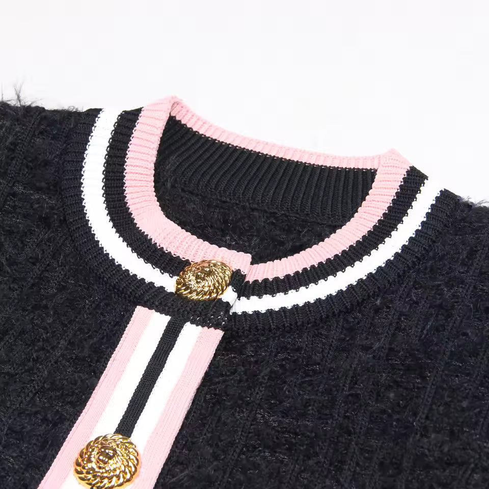 Fur Fringe Color Block Stripe Round Neck Single-Breasted Knit Vest Top