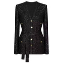 Sequined V-Neck Belted Knit Cardigan