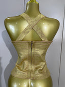 Gold Metallic Cross-Back Corset Top – Structured Evening Top