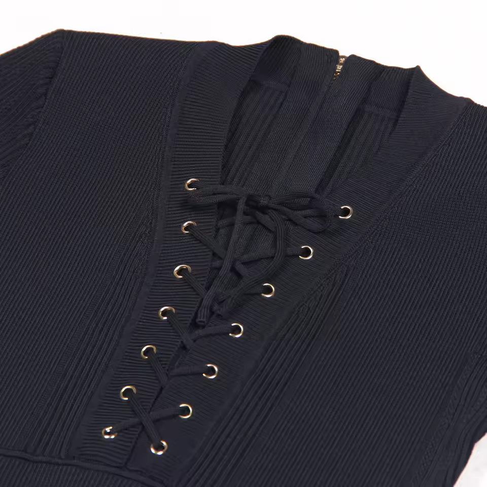 Three-Color Knitted V-Neck Belted Short Sleeve Slim Fit Dress