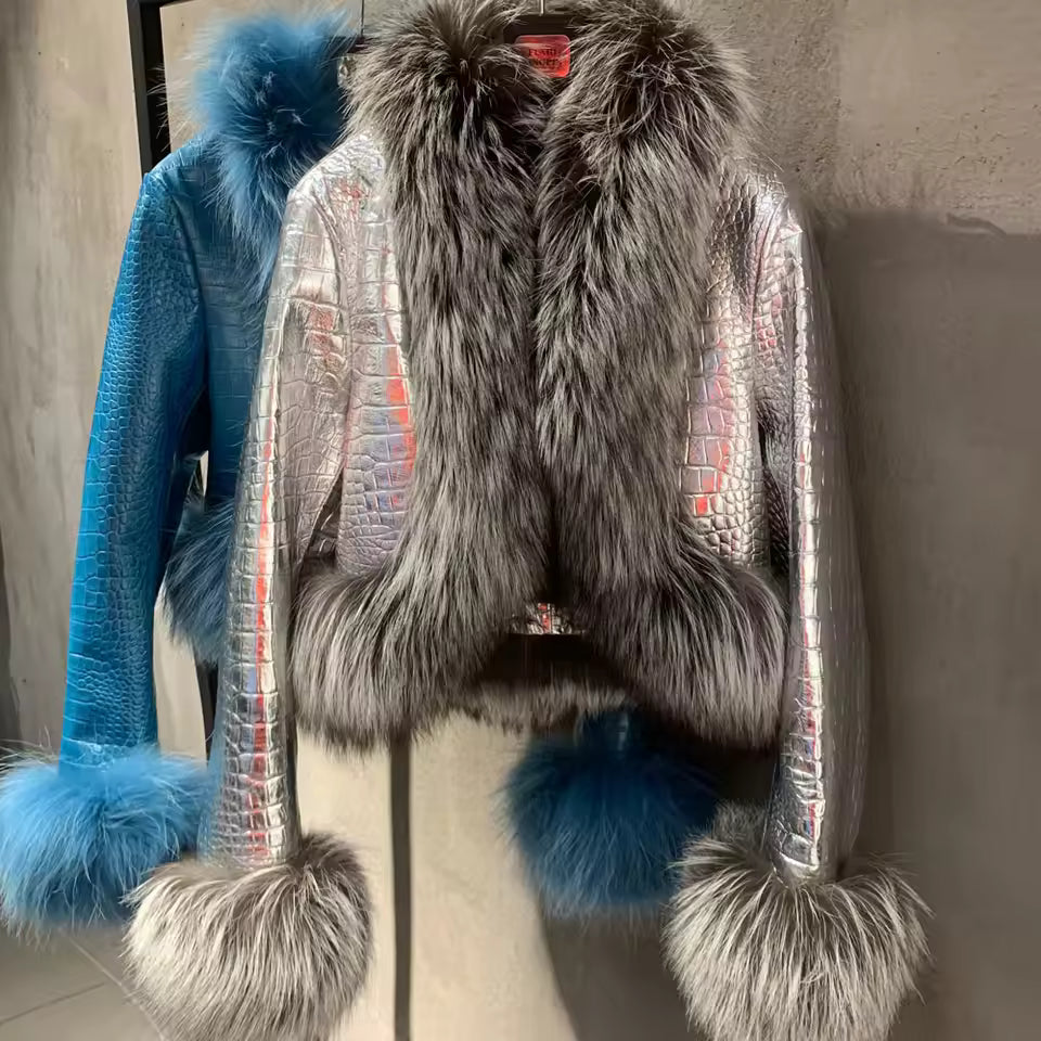 Cropped Shearling Leather Coat with Natural Fur Sleeves