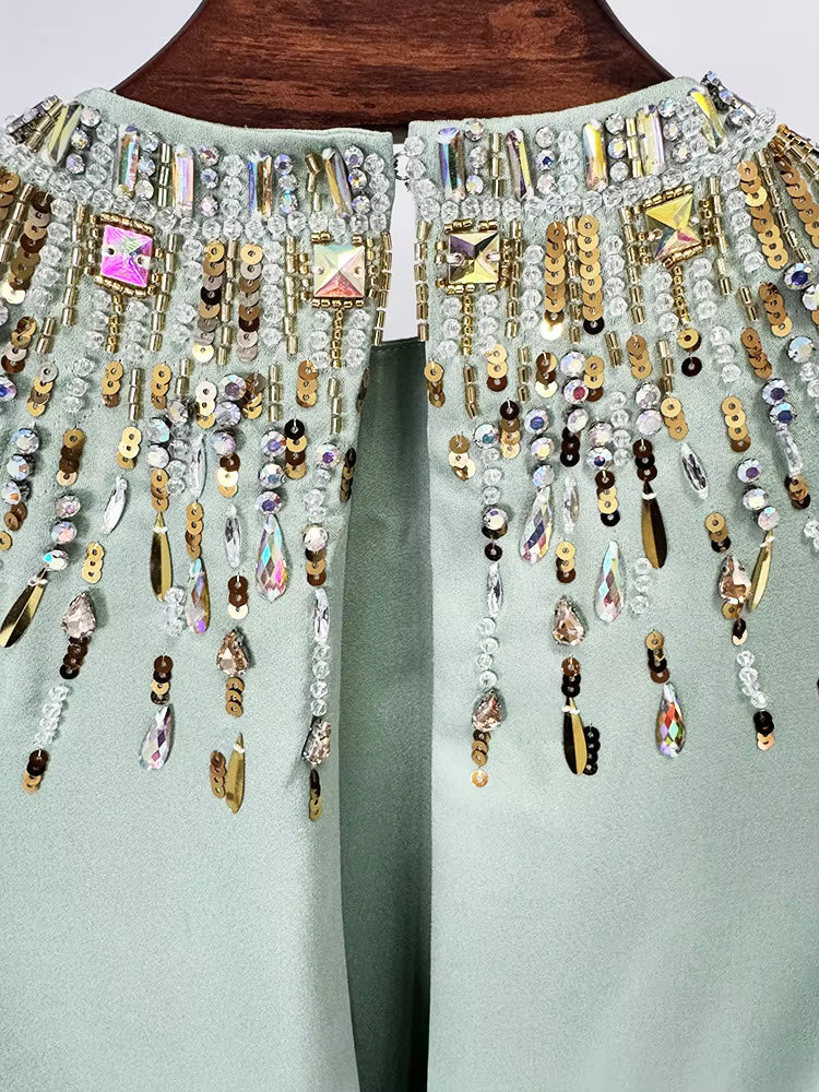 Backless Shiny Satin Diamond Beaded Maxi Dress