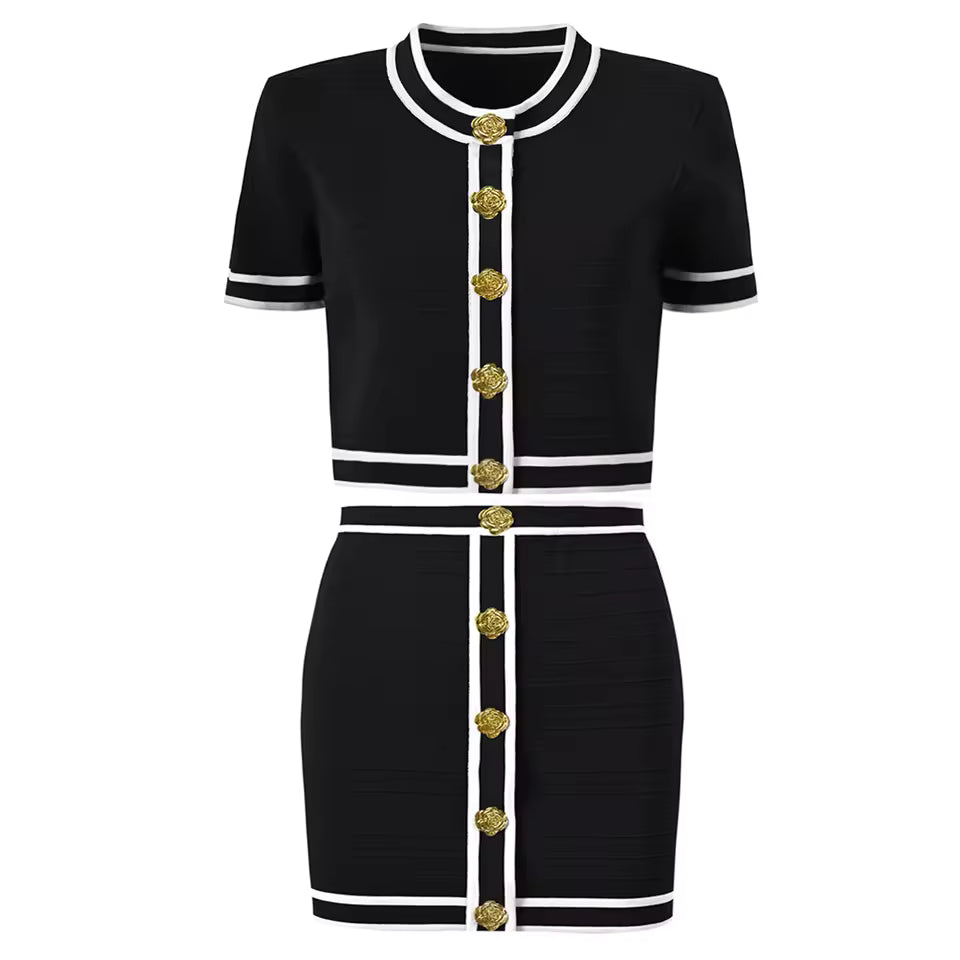 Three-Color Knitted Flower Knot Cardigan & Skirt Set