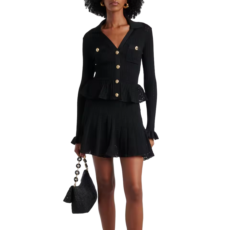 Ruffle Pleated V-Neck Knitted Long Sleeve Dress with Buttons