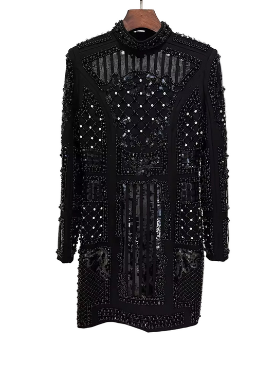 Pearl Sequin Beaded Long Sleeve Stretchy Dress