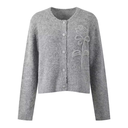 Solid Rose Accent O-Neck Long Sleeve Knit Cardigan