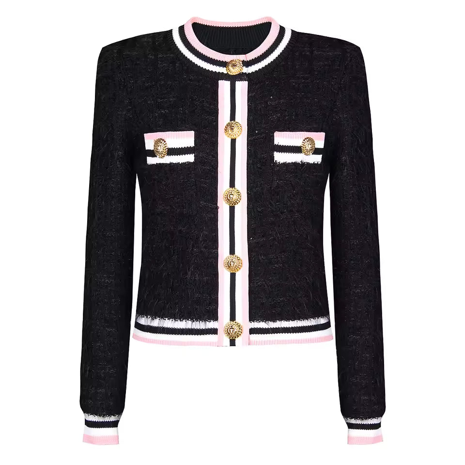 Fur Fringe Color Block Stripe Round Neck Single-Breasted Knit Vest Top