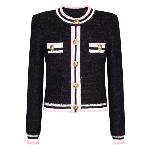 Fur Fringe Color Block Stripe Round Neck Single-Breasted Knit Vest Top