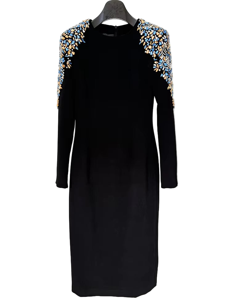 Diamond Beaded Long Sleeve Elegant Dress