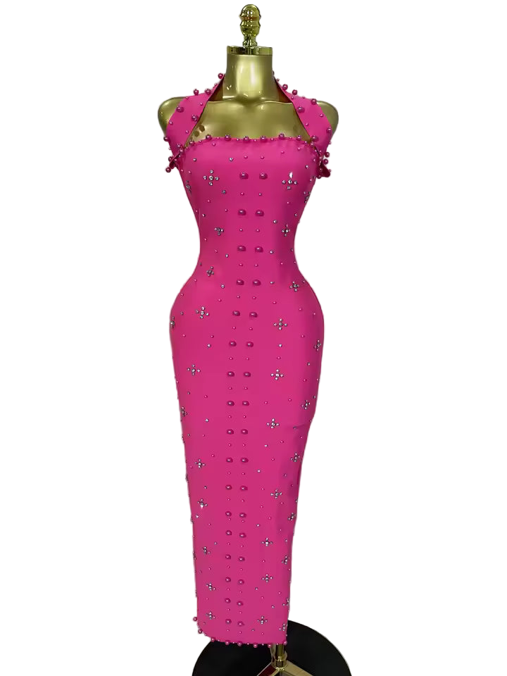 Sparkling Rhinestone Pearl Sleeveless Bodycon Bandage Long Dress