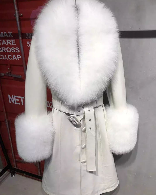 FOX FUR GENUINE LEATHER COAT IN WHITE