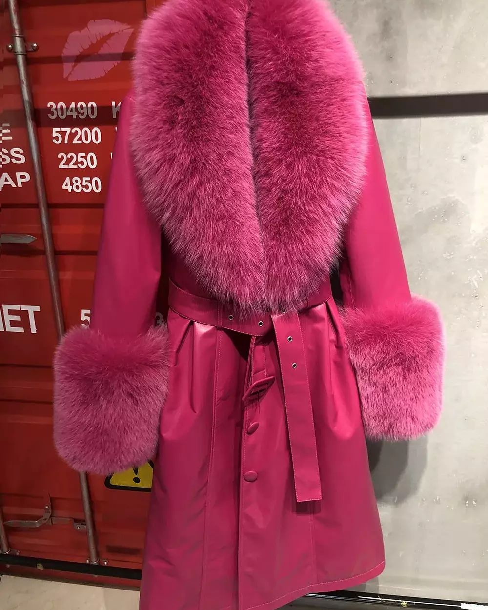 FOX FUR GENUINE LEATHER COAT IN FUCHSIA