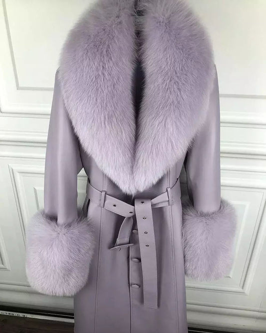 FOX FUR GENUINE LEATHER COAT IN LAVENDER