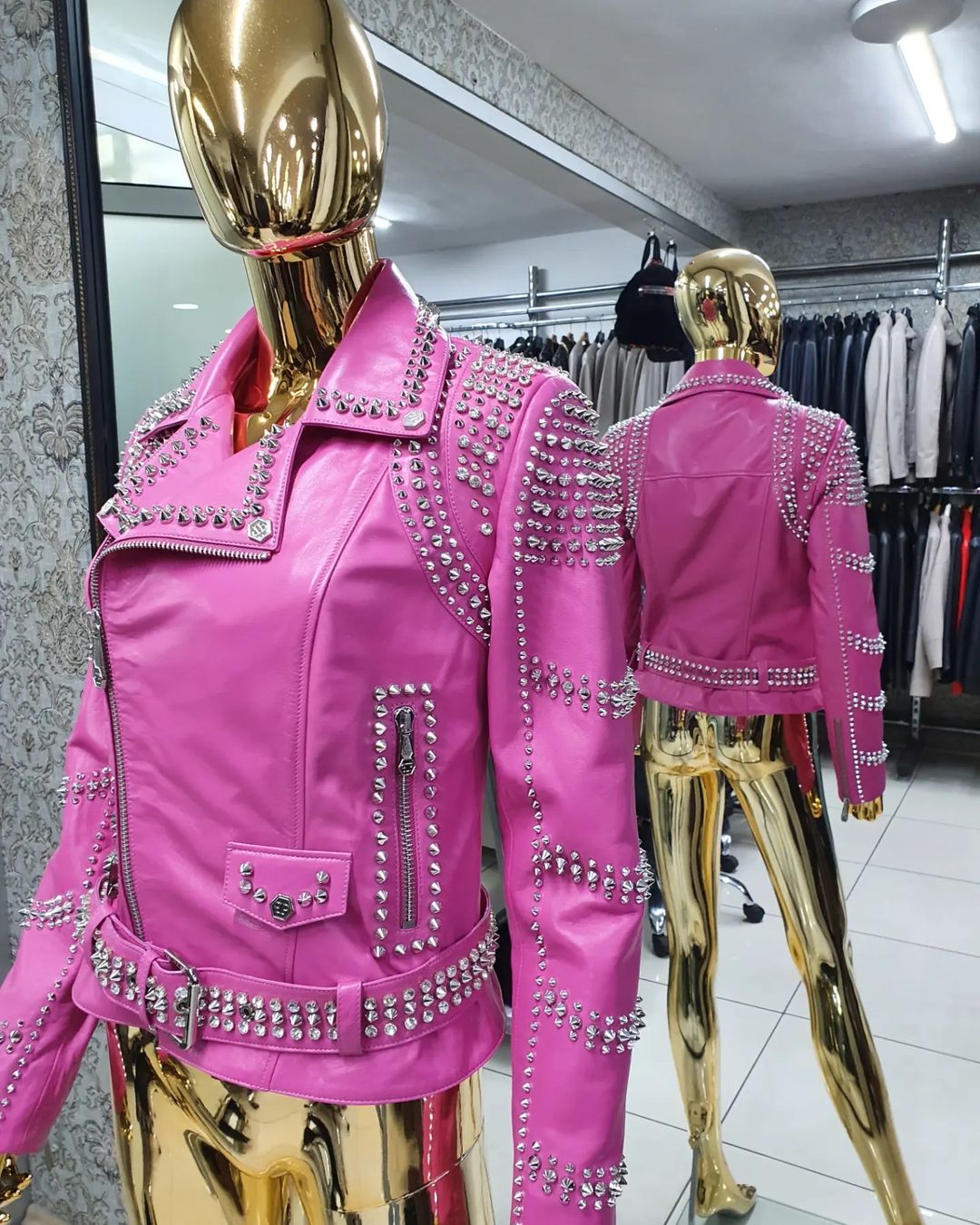 GENUINE LEATHER BIKER JACKET IN PINK