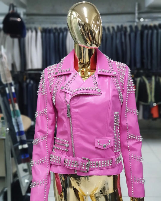 GENUINE LEATHER BIKER JACKET IN PINK