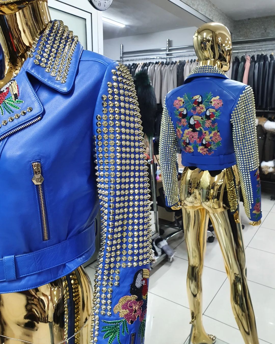 GENUINE LEATHER EMBROIDERED BIKER JACKET IN ROYAL BLUE