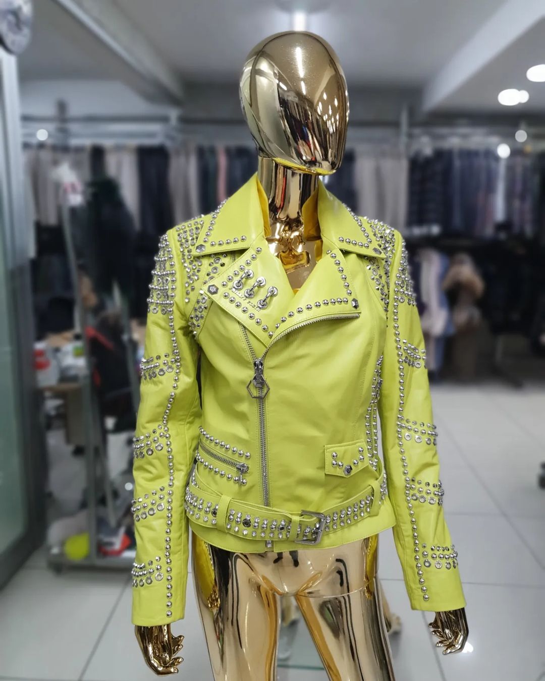 GENUINE LEATHER BIKER JACKET IN YELLOW