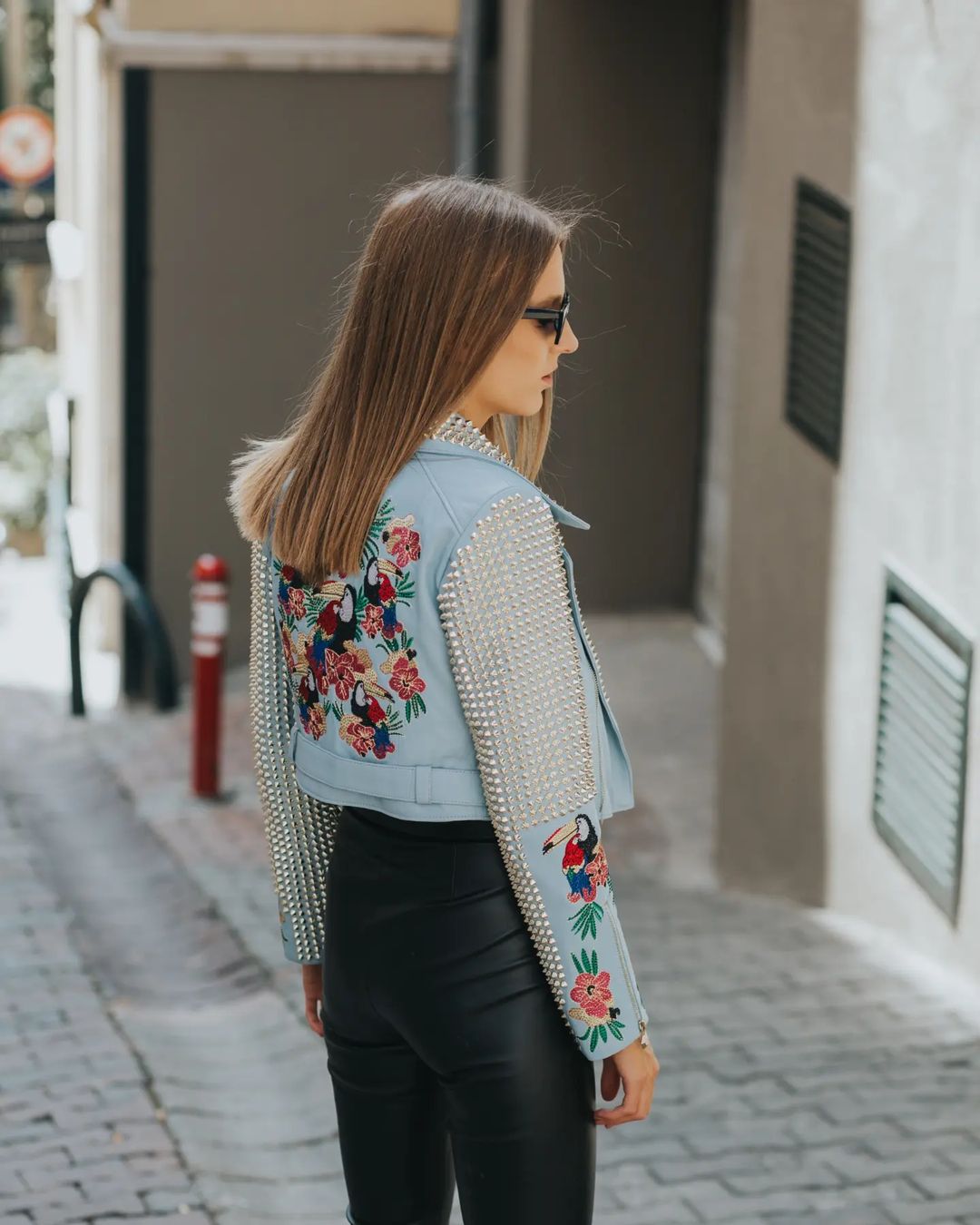 GENUINE LEATHER EMBROIDERED BIKER JACKET IN SKY BLUE