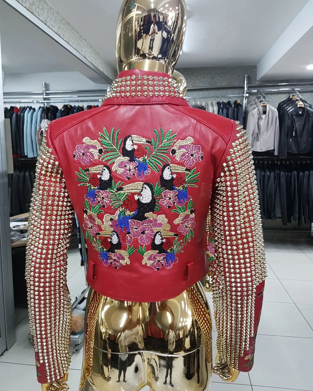 GENUINE LEATHER EMBROIDERED BIKER JACKET IN RED