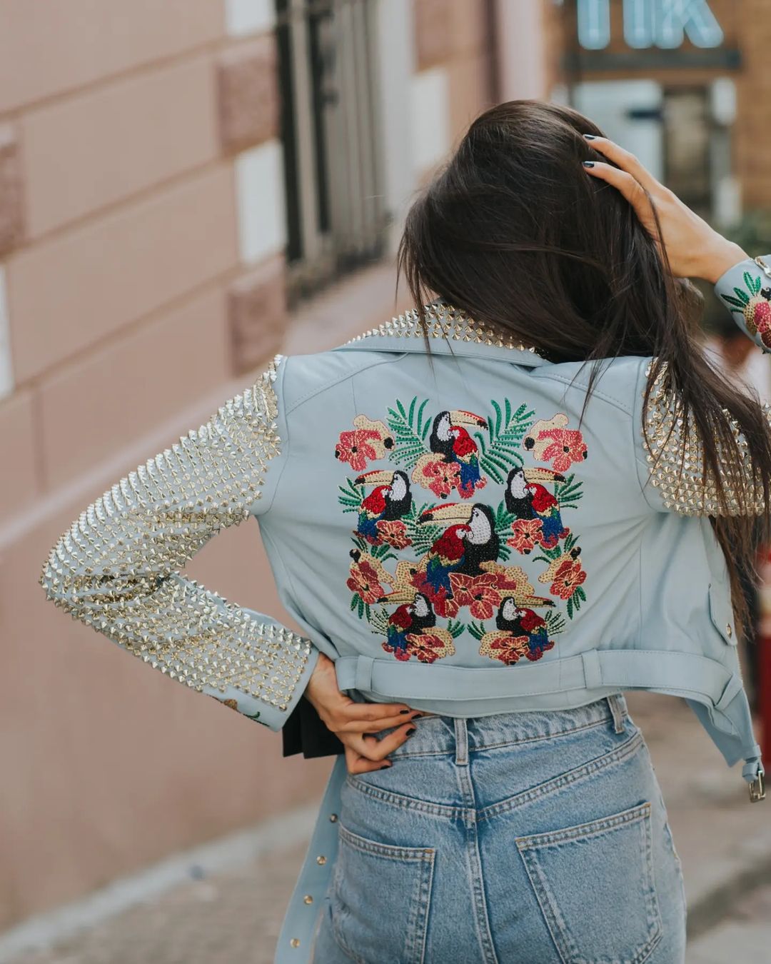 GENUINE LEATHER EMBROIDERED BIKER JACKET IN SKY BLUE