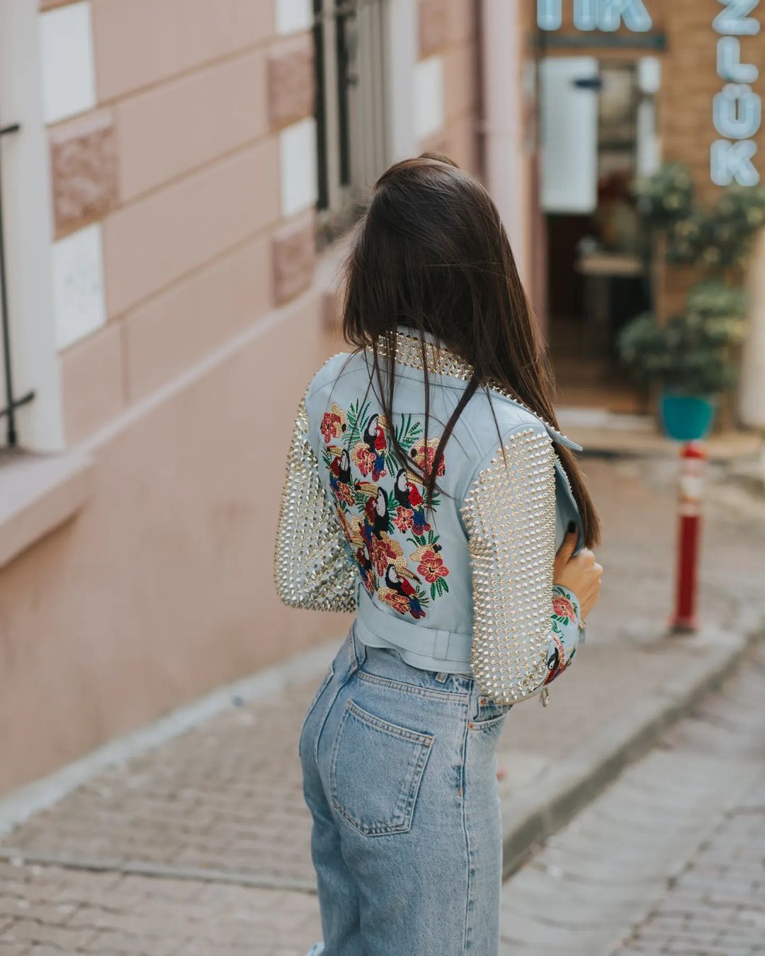 GENUINE LEATHER EMBROIDERED BIKER JACKET IN SKY BLUE