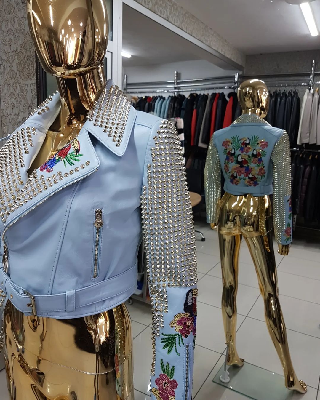 GENUINE LEATHER EMBROIDERED BIKER JACKET IN SKY BLUE