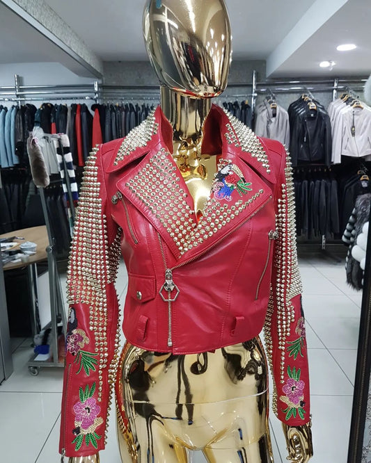 GENUINE LEATHER EMBROIDERED BIKER JACKET IN RED