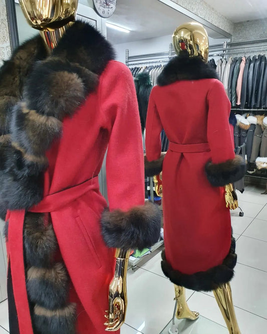 REAL FOX FUR WITH ALPACA COAT IN RED