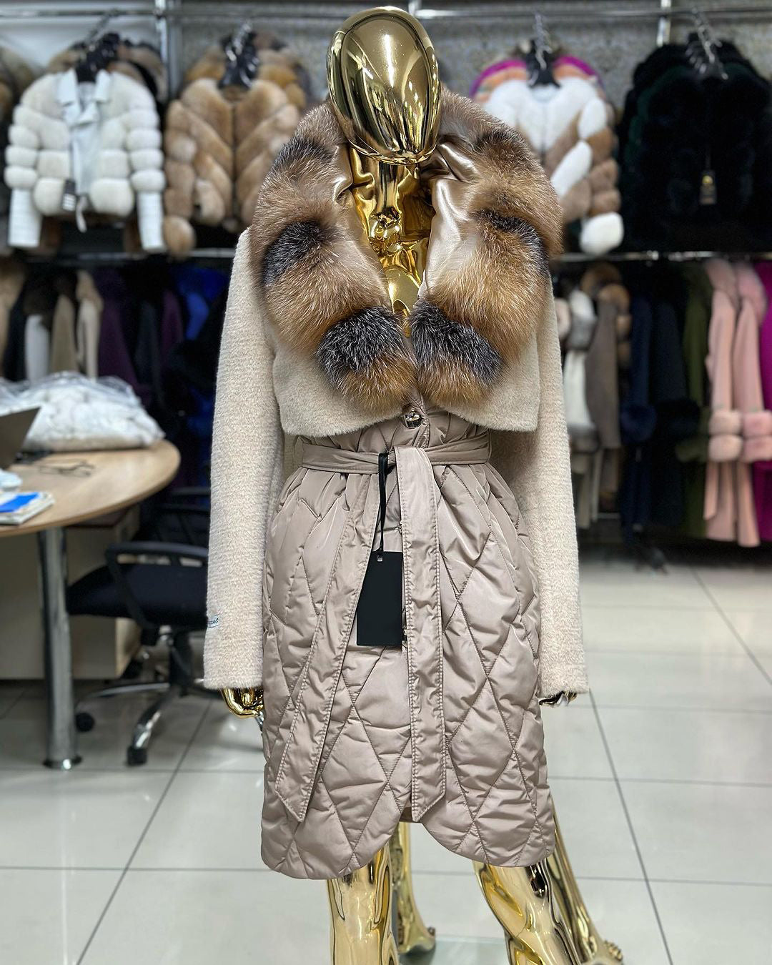 REAL FOX FUR WITH WATERPROF COAT IN BEIGE COLOR