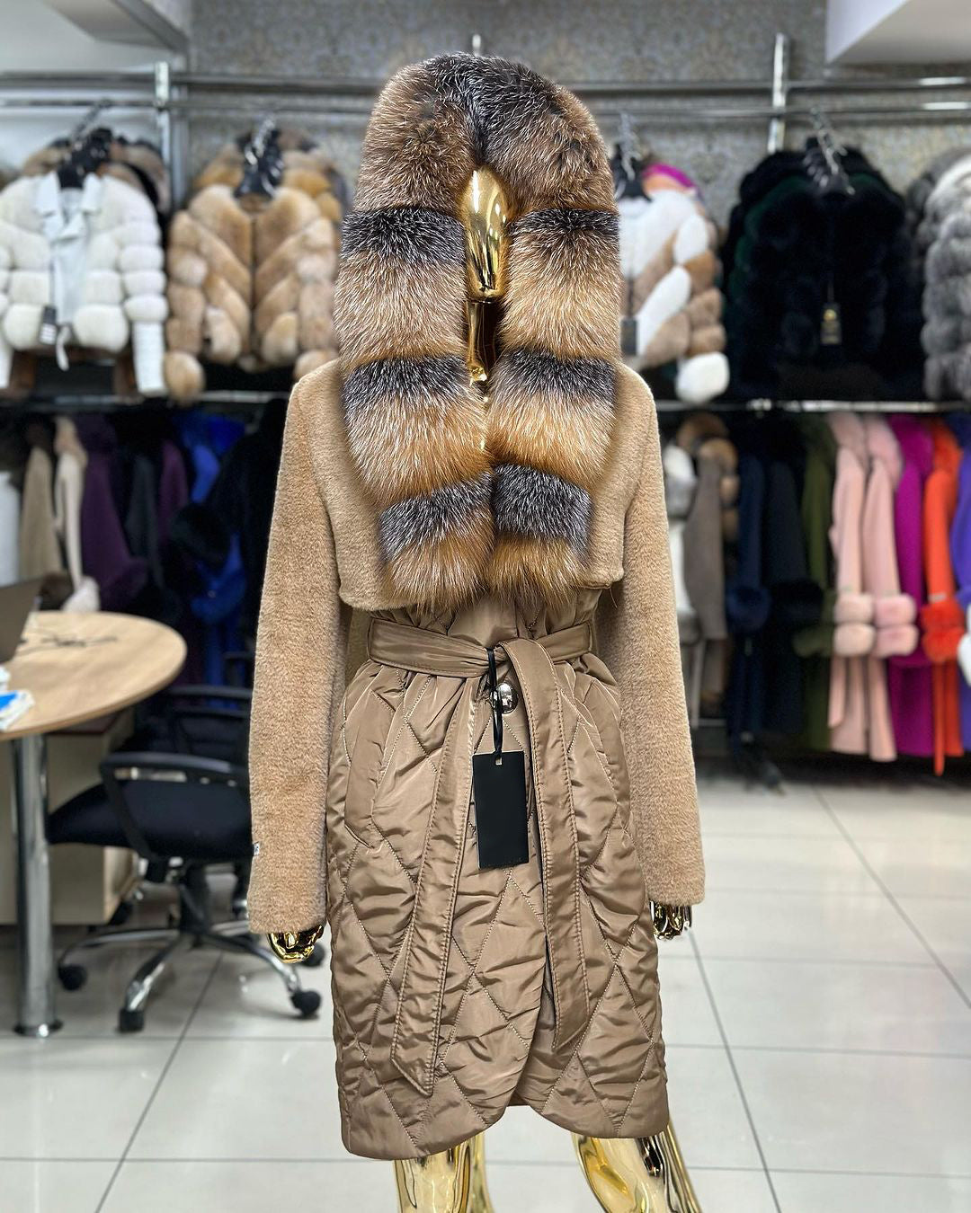 REAL FOX FUR WITH WATERPROF COAT IN CAMEL COLOR