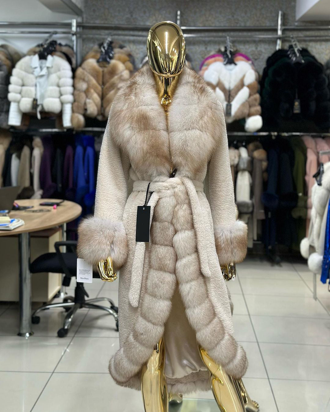 REAL FOX FUR WITH ALCANTARA COAT IN BEIGE